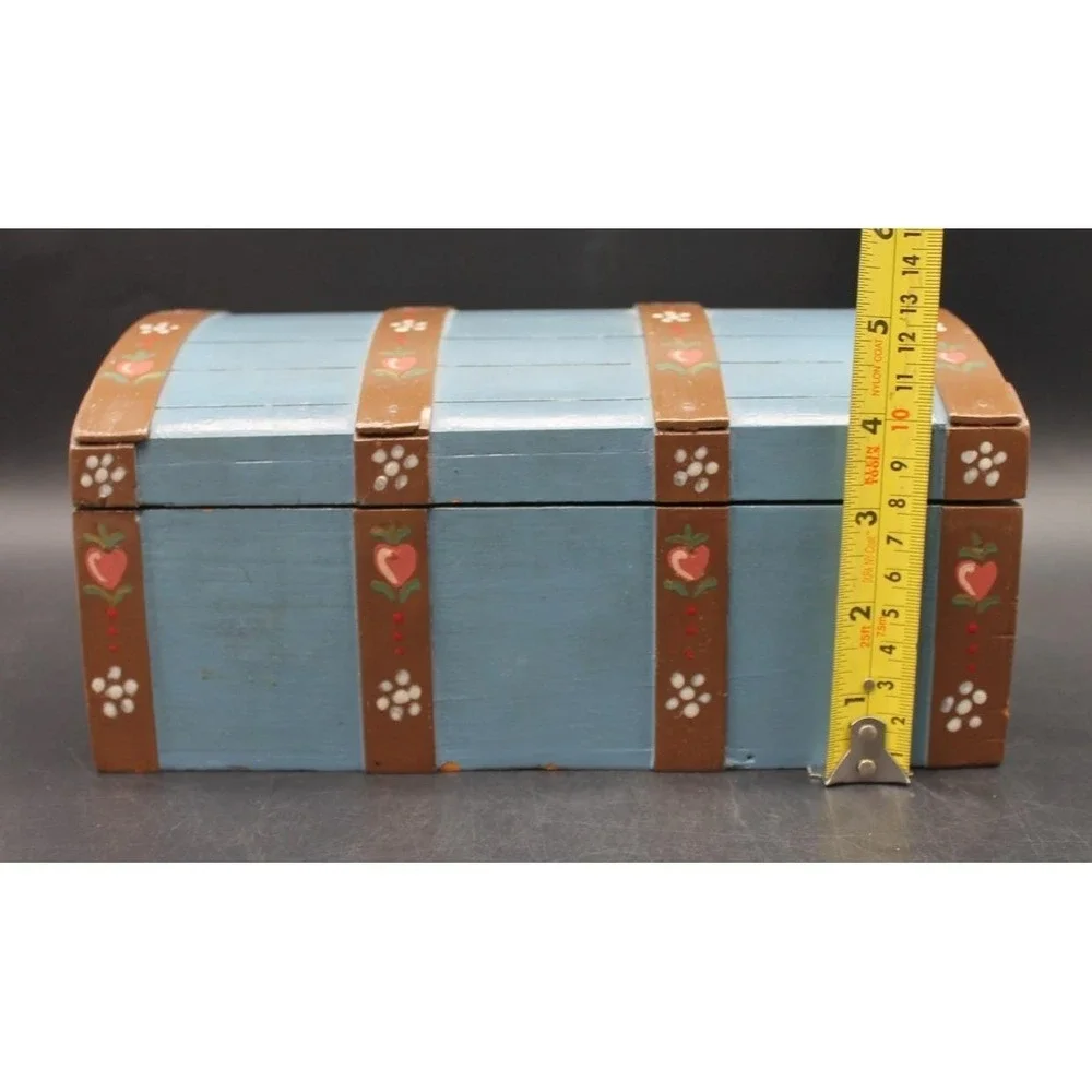 Hand Painted Wooden Treasure Chest Folk Art Storage Box Blue Heart Floral